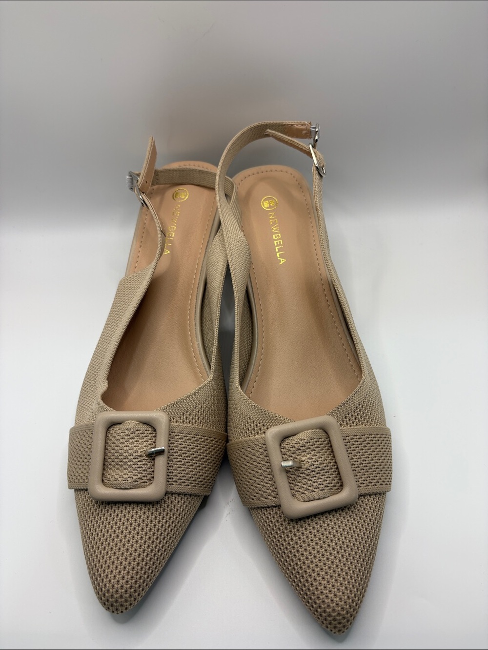 Newbella Beige Pointed Slingback Flats with Buckle Accent